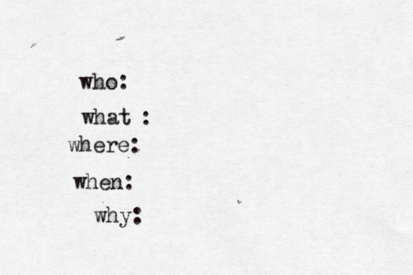 what who: : where: when: why: 