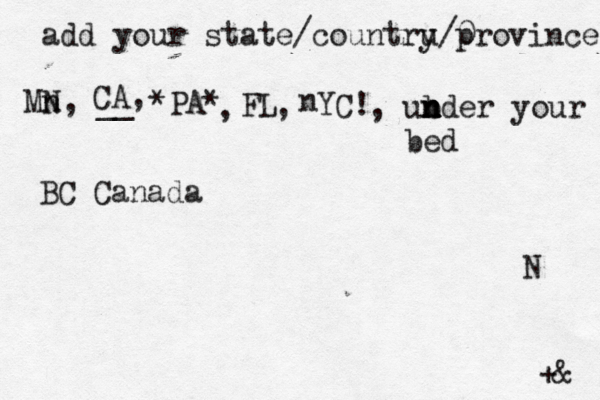 add your state/countru y/0 province Mn N, __ +& CA, *PA* FL N n YC! , , , ub n n n nder your bed BC Canada