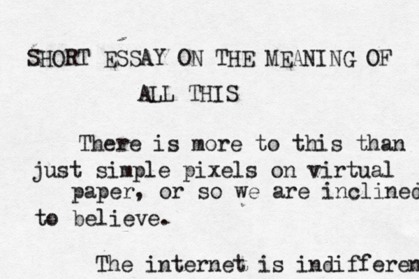There is more to this than just simple pixels on virtual paper, or so we are inclined to believe. The internet is indifferent SHORT ESSAY ON THE MEANING OF ALL THIS 
