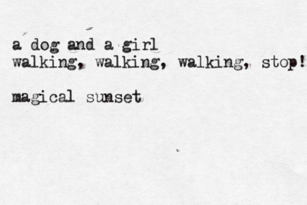a dog and a girl walking, walking, walking, stop! magical sunset 