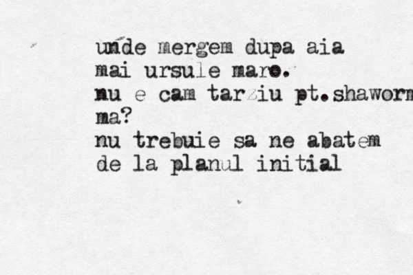 unde mergem dupa aia mai ursule maro . nu e cam tarziu pt.shaworma ma? nu trebuie sa ne abatem de la planul initial 