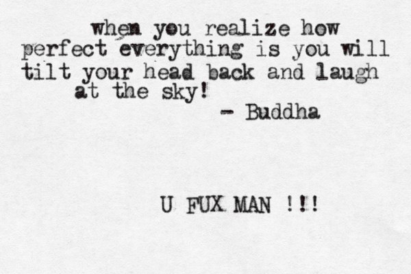 when you realize how perfect everything is you will tilt your head back and laugh at the sky! - Buddha U FUX MAN !!! 