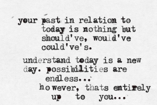 our y past in relation to today is nothing but should've, would've could've's. understand today is a new day. possibilities are endless... o h wever, thats entirely up to you...