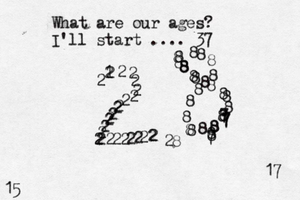What are our ages? I'll start .... 37 17 15 2 122222222222222222222222222 8 8888888888788888777888888888888 28