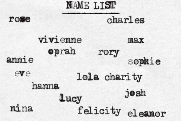 NAME LIST rose vivienne lola charity eve max lucy oprah charles josh nina felicity rory __________ hanna annie sopk hie eleanor 