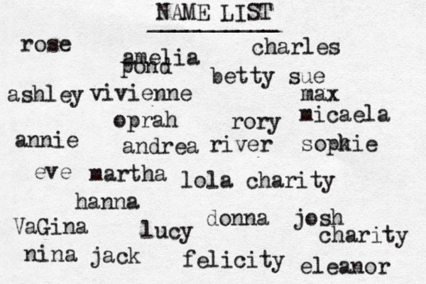 NAME LIST rose vivienne lola charity eve max lucy oprah charles josh nina felicity rory __________ hanna annie sopk hie eleanor andrea amelia betty sue VaGina martha donna jack river pond ashley micaela charity 