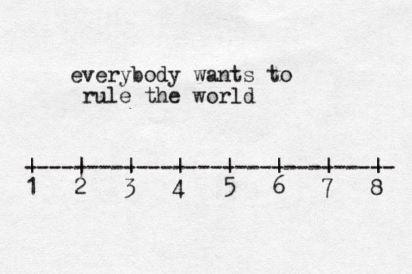 everybody wants to rule the world ------------------------------ | | | | | | | | 1 2 3 4 5 6 7 8 