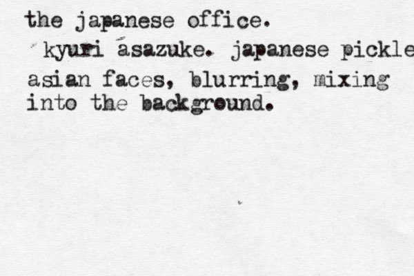 the japanese office. kyuri asazuke. japanese pickles asian faces, blurring, mixing into the background. 