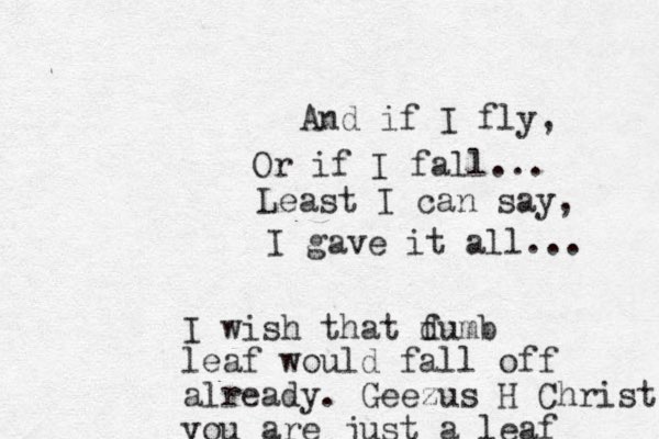 And if I fly, Or if I fall... Least I can say, I gave it all... I wish that fumb d leaf would fall off already. Geezus H Christ you are just a leaf 