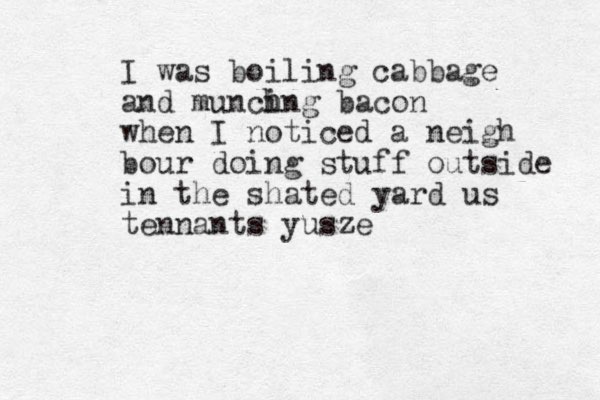 I was boiling cabbage and muncing h h bacon when I noticed a neigh bour doing stuff outside in the shated yard us tennants yusze