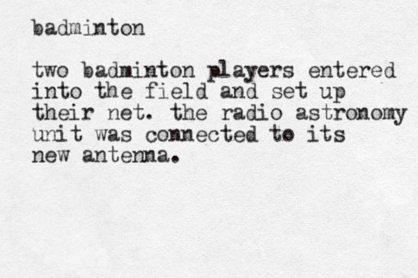 badminton two badminton players entered in to the field and set up their net. the radio astronomy unit was connected to its new antenna. 