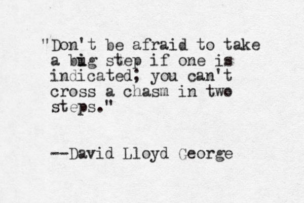 "Don't be afraid to take a bug i i step if one is indicated; you can't cross a chasm in two steps." --David Lloyd George 