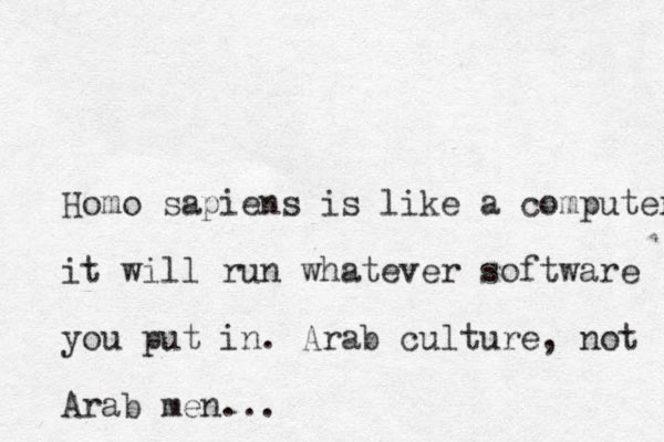 Homo sapiens is like a computer it will run whatever software you put in . Arab culture, not Arab men...