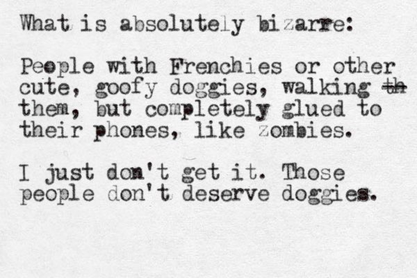 What is absolutely bizarre: People with Frenchies or other cute, goofy doggies, walking th -- them, but completely glued to their phones, like zombies. I just don't get it. Those people don't deserve doggies. 
