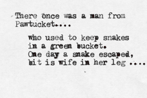 There once was a man from Pawtucket.. who used to keep snakes in a green bucket. One day a snake escaped, bit is wife in her leg ....
