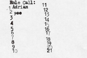 Role Call: 1 2 3 4 5 6 7 8 9 10 11 12 13 14 15 16 17 18 19 20 21 Adri poo