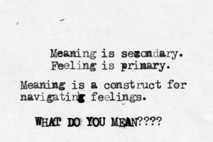 Meaning is sex condary. Feeling is prin mary. Meaning is a construct for navigatinh g g g feelings WHAT DO YOU MEAN???? WHAT DO YOU YOU YOU MEA AN