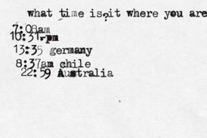 what time is it where you are ? 7:08 10:31- . 13:35 german 8:37am x chi 22:59 australia A