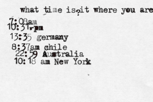 what time is it where you are ? 7:08 10:31- . 13:35 german 8:37am x chi 22:59 australia 10:18 am New Yor