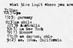 what time is it where you are ? 7:08 10:31- . 13:35 german 8:37am x chi 22:59 australia 10:18 am New Yo 19:13 Mosco 11:28 am dayton, oh 9:23 am, Brea, California