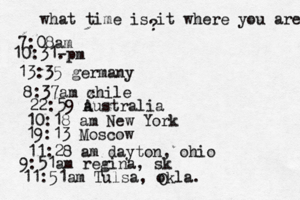 what time is it where you are ? 7:08 10:31- . 13:35 german 8:37am x chi 22:59 australia 10:18 am New Yo 19:13 Mosco 11:28 am dayton, oh 9:51am regina, s 11:51am Tulsa, okla. O