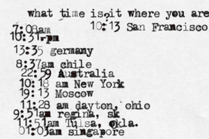 what time is it where you are ? 7:08 10:31- . 13:35 german 8:37am x chi 22:59 australia 10:18 am New Yo 19:13 Mosco 11:28 am dayton, oh 9:51am regina, s 11:51am Tulsa, okla. 01:01 3am singapo 10:13 San Francisco