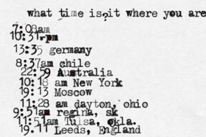 what time is it where you are ? 7:08 10:31- . 13:35 german 8:37am x chi 22:59 australia 10:18 am New Yo 19:13 Mosco 11:28 am dayton, oh 9:51am regina, s 11:51am Tulsa, okla. 19.11 Leeds, Englan