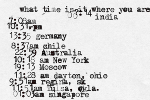 what time is it where you are ? 7:08 10:31- . 13:35 german 8:37am x chi 22:59 australia 10:18 am New Yo 19:13 Mosco 11:28 am dayton, oh 9:51am regina, s 11:51am Tulsa, okla. 01:01 3am singapo 0 0 :14 india