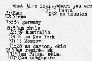 what time is it where you are ? 7:08 10:31- . 13:35 german 8:37am x chi 22:59 australia 10:18 am New Yo 19:13 Mosco 11:28 am dayton, oh 9:51am regina, s 11:51am Tulsa, okla. 01:01 3am singapo 0 0 :14 indi 1:52 pm houston