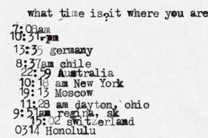 what time is it where you are ? 7:08 10:31- . 13:35 german 8:37am x chi 22:59 australia 10:18 am New Yo 19:13 Mosco 11:28 am dayton, oh 9:51am regina, sk 15:02 switzerland 0314 Honolulu