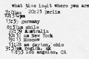 what time is it where you are ? 7:08 10:31- . 13:35 german 8:37am x chi 22:59 australia 10:18 am New Yo 19:13 Mosco 11:28 am dayton, oh 9:51am regina, sk 10:53 los angeles, C 20:21 Berlin