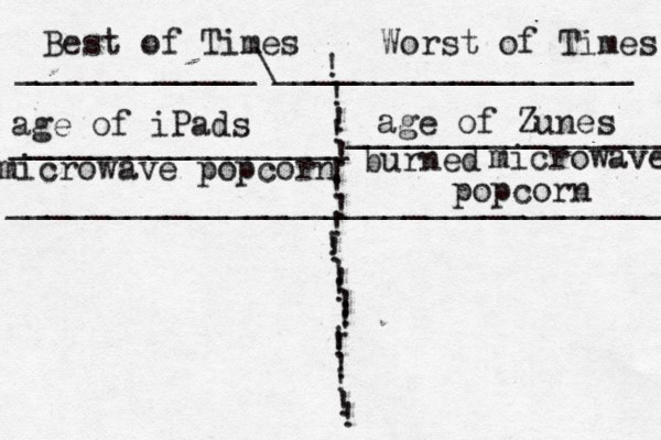 Best of Times Worst of Times ! ! ! ! ! ! ! ! ! ! ! ! ! ! ! ! ! ! ! ! ! ! ! ____________\__________________ age of iPads age of Zunes microwave popcorn burned microwave popcorn _________________ ________________ _________________________________ 